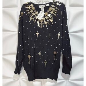 Bonnie Boerer & Co Women Sz L Black KEY Studded Sweater Vintage 1988 NEW!